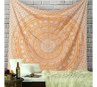 RAJRANG Mandala Cotton Wall Tapestry | Buff Orange Boho Hanging with Elephant Pattern for Bedroom, Home, Dorm, or Outdoor Spaces 213 x 230 cm