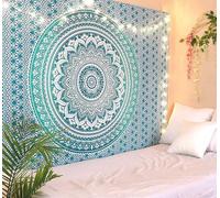 RAJRANG Mandala Tapestry Ombre Design Cotton Hippie Bedspread Decorative Blanket Curtain Room Divider Bohemian Wall Hanging Poster for Bedroom Living Dorm Meditation Sea Green 213x230 cm