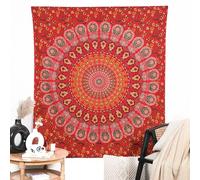 RAJRANG Mandala Wall Art Cotton Tapestry Golden Red Wall Hangings for Bedroom, Living Room 137x213 cm