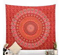 RAJRANG Mandala Wall Art Cotton Tapestry Golden Red Wall Hangings for Bedroom, Living Room 213x230 cm