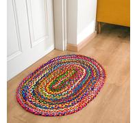 RAJRANG Multicolor Hand Braided Cotton Chindi Rug 60x90 cm Boho Reversible Rustic Oval Rugs for Home Décor