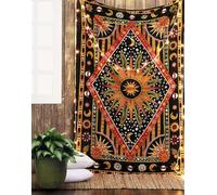 RAJRANG Orange Burning Sun Tapestry Cotton Bohemian Wall Hanging for Bedroom, Celestial Zodiac Orange Mandala Decor 50x60 Inches