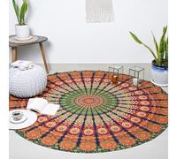 RAJRANG Round Peacock Mandala Tapestry Golden Green Boho Cotton Wall Hanging, Tablecloth, Beach Throw 72 inch