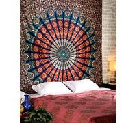 RAJRANG Tapestry Wall Hanging for Bedroom Decor 230x274 cm Large Mandala Wall Art 100% Cotton Peacock Tapestries Boho Indian Hippie Beach Throw Blanket - Golden Blue