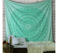 RAJRANG Tapestry Wall Hanging | Green Mandala Cotton Elephant Art Boho Hippie Throw Blanket 230x274 cm for Bedroom, Living Room Decor