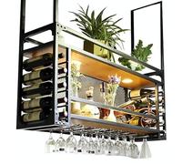 RAJYQODIS 120cm Wall mounted wine rack with LED light, Hanging Wine Bottle Holder Ceiling, 2-Layer Liquor Bottle and Glass Holder Display Storage,for Home Kitchen Dining Room Living Room