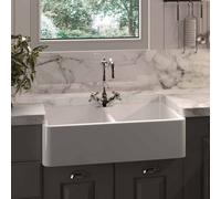 Rak Ceramics Gourmet 10 Belfast Double Bowl Fireclay Undermount Kitchen Sink - White