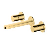 RAK Ceramics Petit Round Wall Mounted 3 Tap Hole Basin Mixer Tap | Brushed Gold | Brass | 263.2mm x 60mm x 252mm