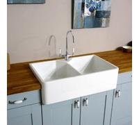 RAK Ceramics Rak Jacklyn 2-Bowl Gloss White Ceramic Belfast Butler Sink - Sit-On, 800 X 500 X 220 mm