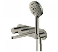 RAK Ceramics Petit Round Wall Mounted Concealed Thermostatic Bath Shower Mixer Tap | Brushed Nickel | Brass | 380mm x 80mm x 232mm