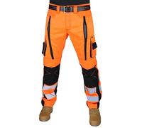 RAK Mens Work Trousers Safety Pants Hi Viz Tape Front Large Zipper for Air Ventilation Cordura Knee Pad Pockets Triple Stitched Multi Pockets with Extra Tools Holder (HV3FZ-OR1, 32W X 32L)