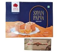 Rakhi & Atul Bakery Soanpapdi Sweets (Orange) (400g) - Indian Sweet for Raksha Bandhan For the Festival of Brothers & Sisters Bond (1 Rakhi With 1 Sweet Box) (No.102)