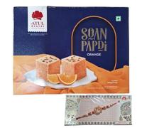 Rakhi & Atul Bakery Soanpapdi Sweets (Orange) (400g) - Indian Sweet for Raksha Bandhan For the Festival of Brothers & Sisters Bond (1 Rakhi With 1 Sweet Box) (No.101)