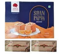 Rakhi & Atul Bakery Soanpapdi Sweets (Orange) (400g) - Indian Sweet for Raksha Bandhan For the Festival of Brothers & Sisters Bond (2 Rakhi With 1 Sweet Box) (No.102)
