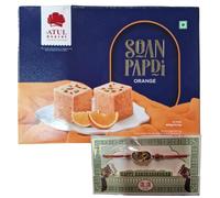 Rakhi & Atul Bakery Soanpapdi Sweets (Orange) (400g) - Soft & Flaky Mithai Indian Sweet for Raksha Bandhan For the Festival of Brothers & Sisters Bond (1 Rakhi With 1 Sweet Box) (No.103)