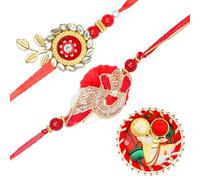 Rakhi For Brother Set of 2 Rakhi for Bhai Bhaiya Veera Rakhi Thread Bracelet Dora for gift pack with Tilak Holder Copra Cow Kumkum Plate Platter for Puja Indian Traditional Festival (Red)