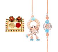 Rakhi For Brother Set of 2 Rakhi Lumba Set for Bhai Bhaiya Veera Thread Bracelet Dora for Rakhee gift Card pack with Tilak Holder Copra Kumkum Plate Platter for Indian Traditional Festival