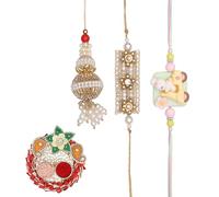 Rakhi For Brother Set of 3 Family Set Bhaidooj Tikka Rakhi for Bhai Bhaiya Veera Thread Bracelet Dora gift pack Tilak Holder Copra Kumkum Plate Platter Indian Traditional Diwali Decorations Festival