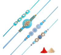 Rakhi for Brother Sister Set of 4 Rakhi Thread Bracelet Dora Set Gift Card, 8 inches, Cotton Threads, Artificial Beads and Decorative Ornaments, artificial faux diamonds