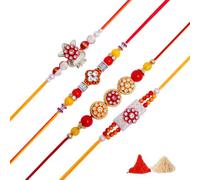 Rakhi for Brother Sister Set of 4 Rakhi Thread Bracelet Dora Set Gift Card, 8 inches, Cotton Threads, Artificial Beads and Decorative Ornaments, artificial faux diamonds