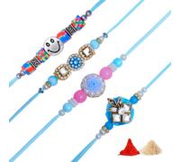Rakhi for Brother Sister Set of 4 Rakhi Thread Bracelet Dora Set Gift Card, 8 inches, Cotton Threads, Artificial Beads and Decorative Ornaments, artificial faux diamonds