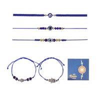 Rakhi for Brothers, 5Pcs Blue Rakhi Evil Eye Bracelets with Greeting Card Gifts Set Pack, Adjustable Woven Bracelet for Indian Raksha Bandhan Bhai Dooj Bhabhi Brother Sister Rakhi Thread