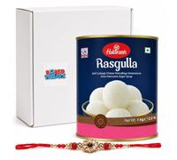Rakhi Gift Bundle with Haldiram's Rasgulla 1kg Tin and 1 Rakhi, Traditional Indian Sweet Gift for Brother or Sister, Raksha Bandhan Celebration Hamper Boxed Treatz