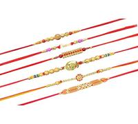 Rakhi Set of 6, Traditional Beaded Bracelets with Veera and Little Bro Designs, Multicolor
