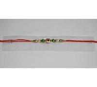 Rakhi with Gold Flower and Green Crystals, Pearl & Gold Beads