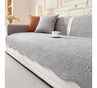 RAKKYOFD Modern Farmhouse Anti-Slip Couch Covers for Sectional Sofa, Cotton Quilted Couch Covers for Dogs, Floral Embroidery Scalloped Sofa Cover for Pet Washable(Grey,1pc/43"x94"/Rectangular)