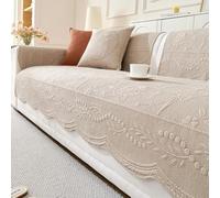 RAKKYOFD Modern Farmhouse Anti-Slip Couch Covers for Sectional Sofa, Cotton Quilted Couch Covers for Dogs, Floral Embroidery Scalloped Sofa Cover for Pet Washable(Khaki,1pc/43"x70"/Rectangular)