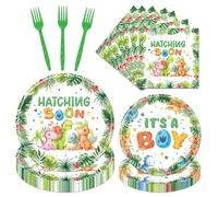 Rakuto Dinosaur Baby Shower Decorations, 96PCS Hatching Soon Baby Shower Disposable Paper Plates Napkins Party Decorations, Watercolor Dinosaur It's a Boy Forks Decor Supplies Serves 24