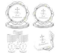 Rakuto First Communion Party Decorations, 100PCS First Holy 1st Communion Disposable Paper Plates and Napkins Table Decoration, God Bless Baptism Silver Floral Paper Cup Decor for Christening Church