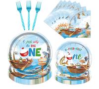 Rakuto Ofishally One Birthday Party Decorations, 96Pcs O Fishally One First Bday Paper Plates and Napkins Tableware Decoration Gone Fishing 1st Forks Decor Fish Themed 1 Years Old Supplies, Serve 24