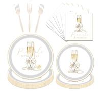 Rakuto Pearls and Prosecco Bridal Shower Decorations, 96PCS Pearls Bow Champagne Disposable Paper Plates Napkins Party Decorations, Bows Prosecco Wedding Bachelorette Bride to Be Decor, Serve 24