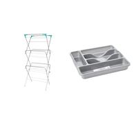 Ram® 3 Tier Deluxe Airer Foldable Heavy Duty Clothes Airer With 4 CORNER HOOKS And Sock Dryer 14M Airing Capacity & Wham Silver 5 Compartment Plastic Cutlery Holder Tray Drawer Organiser Rack