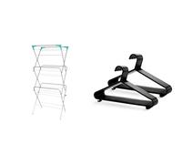 Ram® 3 Tier Deluxe Airer Foldable Heavy Duty Clothes Airer With 4 CORNER HOOKS And Sock Dryer 14M Airing Capacity & KEPLIN Adult Plastic Coat Hangers - 25pk, Black Colour, Strong Clothes Hangers