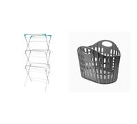 Ram® 3 Tier Deluxe Airer Foldable Heavy Duty Clothes Airer With 4 CORNER HOOKS And Sock Dryer 14M Airing Capacity & Addis Flat Easy Store Laundry Basket Hamper, Dark Grey, 38 Litre 518150