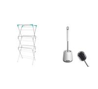 Ram® 3 Tier Deluxe Airer Foldable Heavy Duty Clothes Airer With 4 CORNER HOOKS & Ibergrif M34152 Silicone Toilet Brushes & Holders, Deep Cleaner, Toilet Brush with Quick Drying Holder Set