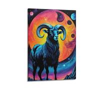 Ram Animal Poster Mystical Cosmic Mountain Fantasy Blue Spiral Horn Galaxy Planet Decorative Canvas Family Bedroom Artwork Picture Painting 24x36inch(60x90cm)