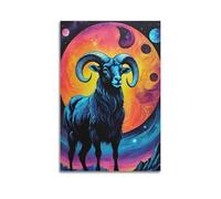 Ram Animal Poster Mystical Cosmic Mountain Fantasy Blue Spiral Horn Galaxy Planet Decorative Canvas Family Bedroom Artwork Picture Painting 16x24inch(40x60cm)