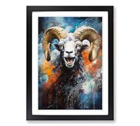 Ram Sheep Action Painting Framed Print | A2 Black Framed Wall Art | Ready to Hang | Modern Animal Picture | Living Room Bedroom Lounge Office