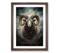Ram Sheep Romanticism Framed Print | A2 Walnut Framed Wall Art | Ready to Hang | Modern Animal Picture | Living Room Bedroom Lounge Office