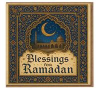 Ramadan Card - Blessings for Ramadan - Crescent Moon and Mosque, Ornate Blue Floral Border, Islamic Art Design, Elegant Greeting for the Holy Month