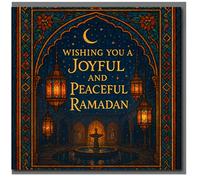 Ramadan Card - Wishing You a Joyful and Peaceful Ramadan, Crescent Moon and Lanterns Islamic Archway Design with Courtyard Fountain, Thoughtful Kareem Greeting