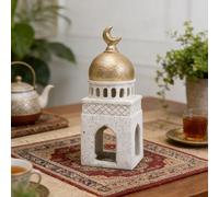 Ramadan Decor Resin Mosque Statue | Elegant Islamic Eid Mubarak Home Decoration | Handcrafted Golden Dome Architectural Ornament for Living Room, Shelf & Office (White & Gold)