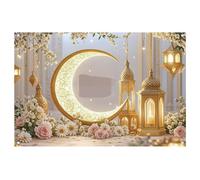 Ramadan Decorations Backdrop - 59x39'' Large Eid Mubarak Banner with Crescent Moon Lantern & Floral Design, Islamic Wall Decor Hanging for Home, Muslim Party Supplies Photography Background