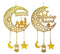 Ramadan Decorations for Home 2026, 2PCS Wooden Ramadan Mubarak Hanging Ornaments with Star Moon Design for Eid Decorations, Islamic Muslim Wall Door Room Party Supplies