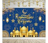 Ramadan Decorations for Home, Ramadan Banner, 59.05 * 39.37INCH Blue Gold Mubarak/Kareem Sign Ramadan Banner, Star Moon Lanterns Castles Photo Booth Background for Ramadan Decorations(Blue)