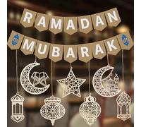 Ramadan Decorations for Home, Wooden Hanging Ramadan Decorations, Ramadan Mubarak Kraft Paper Garland Eid Decorations, Star Moon Lantern Ramadan Kareem Decor for Islam Festival Party Supplies